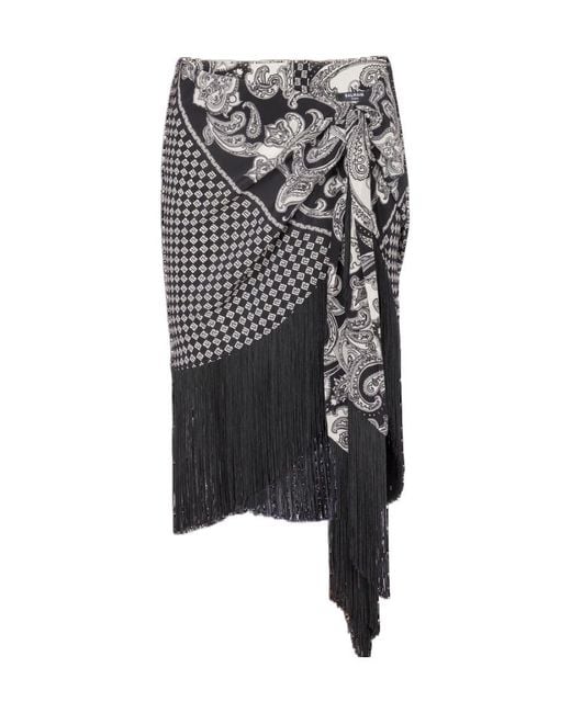 Balmain Black Fringed Silk Scarf Skirt