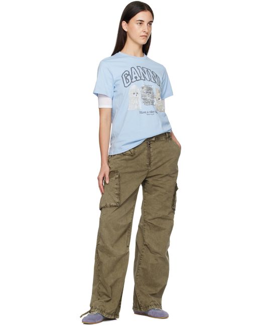 Ganni Green Washed Twill Trousers