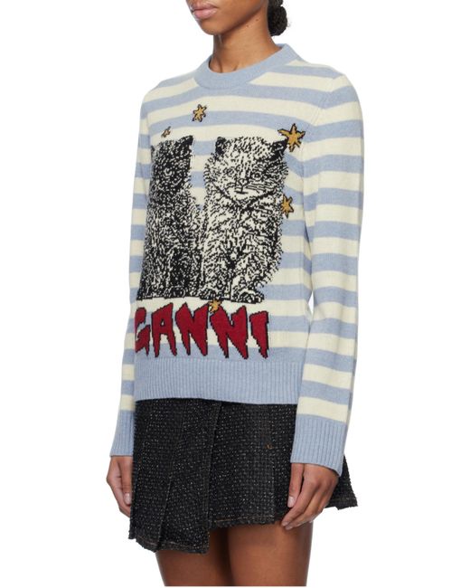 Ganni Blue Striped Graphic Cat Jumper