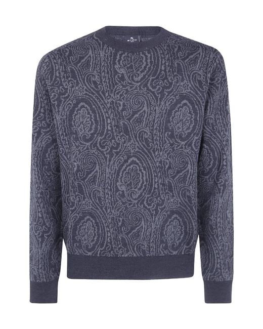 Etro Blue Paisley Printed Crewneck Knitted Jumper for men