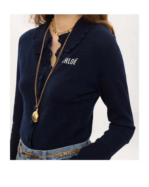 Chloé Blue Chloé Crocheted Collar Button-Up Cardigan