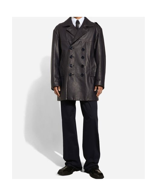Dolce & Gabbana Black Peak-Lapels Leather Double-Breasted Coat for men