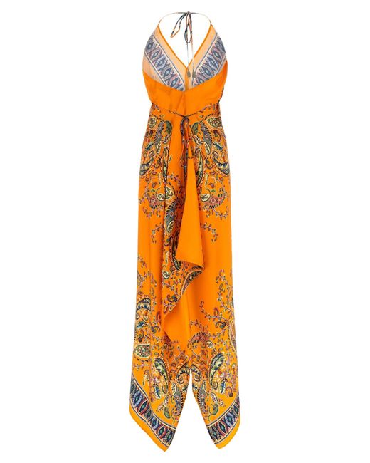 Etro Orange Paisley Printed Tie Fastened Midi Dress
