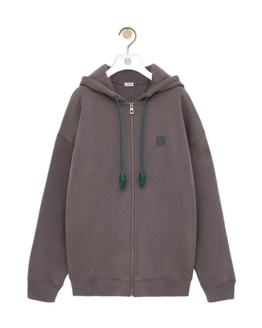 Loewe Gray Logo Embroidered Zipped Drawstring Hoodie for men
