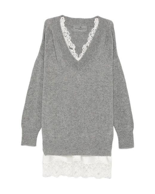 Ermanno Scervino Gray Lace-Trim Mini Dress
