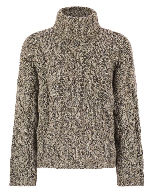 Brunello Cucinelli Brown Soft Wool, Cashmere And Mohair Turtleneck Sweater With Braided Design