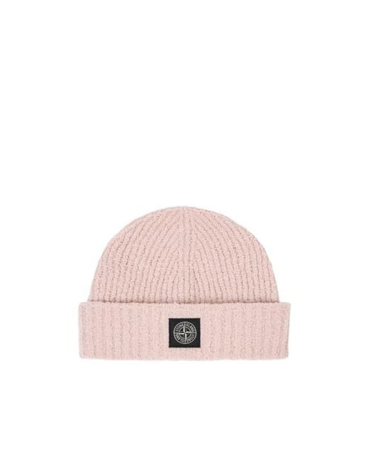 Stone Island Pink Ribbed Knit Beanie With Compass Logo Patch for men