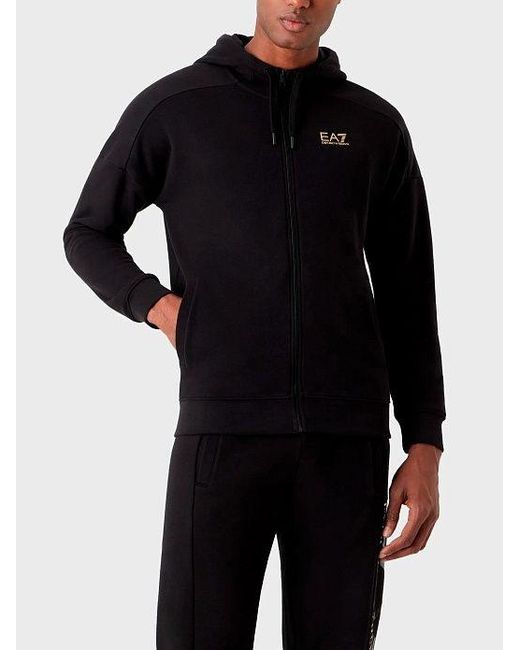 EA7 Black Logo-Print Zip-Up Hoodie for men