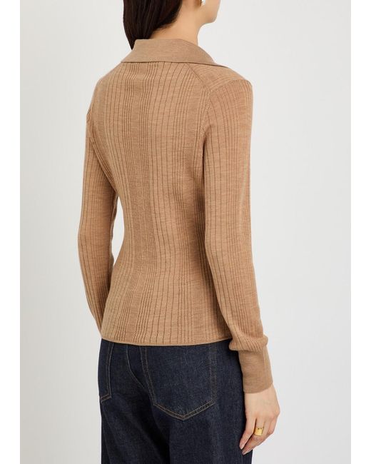 Veronica Beard Natural Rouni Ribbed Merino-Wool Top