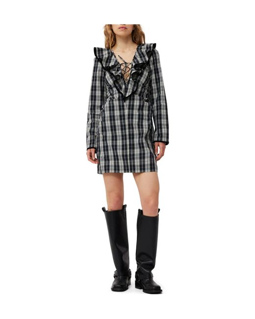 Ganni Black Checkered Cotton Ruffle V-Neck Mini Dress