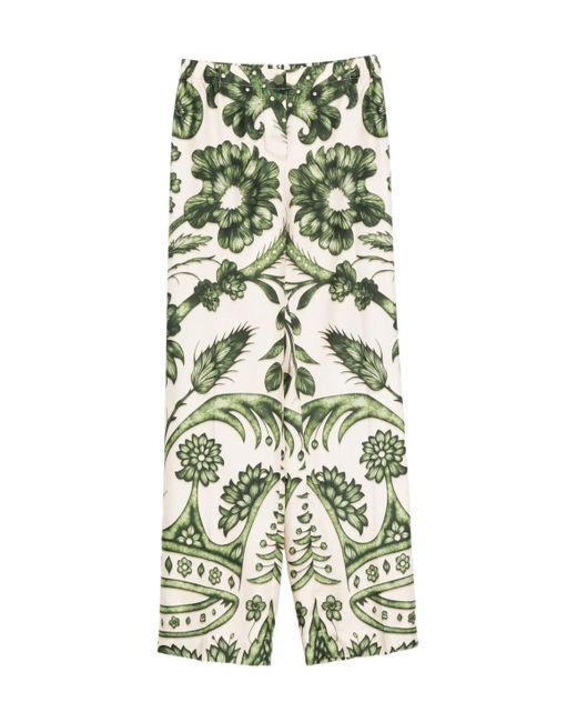 F.R.S For Restless Sleepers Green Floral-Print Silk Trousers