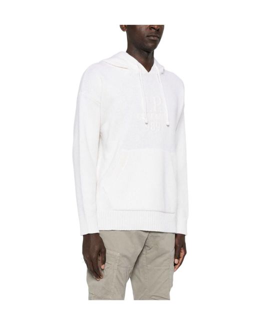 C P Company White Logo-Embroidered Knitted Hoodie for men