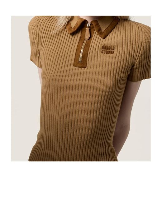 Miu Miu Brown Cashmere-Blend Suede-Trim Ribbed Polo Shirt
