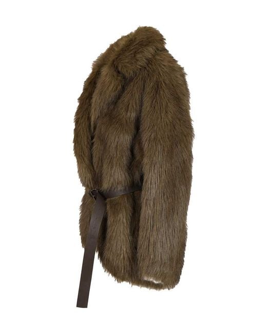 P.A.R.O.S.H. Green P.A.R.O..H. Belted Long Sleeved Faux Fur Jacket