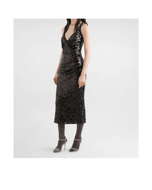 Dolce & Gabbana Black Sequinned V-Neck Midi Gown