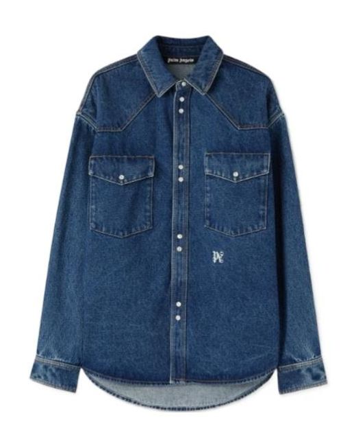 Palm Angels Blue Logo-Embroidered Drop Shoulder Denim Shirt for men