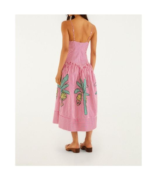 Farm Rio Pink Palm Tree-Embroidered Striped Midi Dress