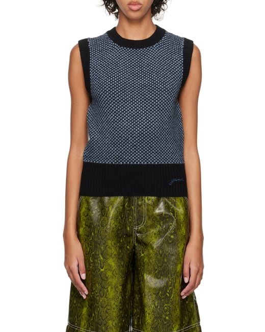 Ganni Blue Logo-Embroidered Knit Vest