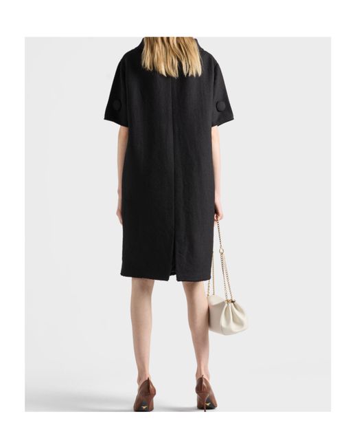 Prada Black Short-Sleeve Chevron Wool Dress With Belt