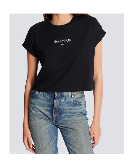 Balmain Black Logo Printed Cropped T-Shirt