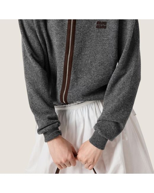 Miu Miu Gray Wool And Cashmere Cardigan With Suede Details