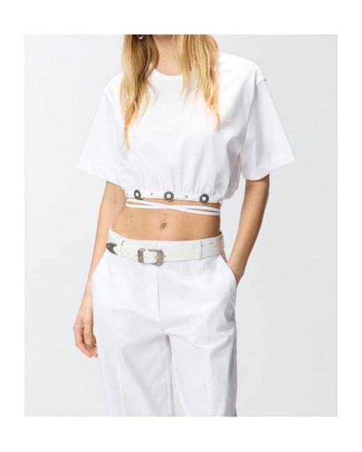 Pinko White Lace-Up Cropped T-Shirt