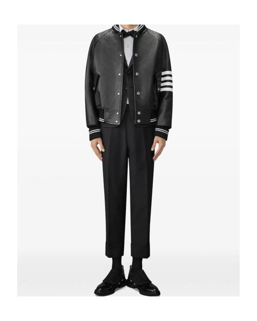 Thom Browne Black Raglan-Sleeve Striped Leather Jacket for men