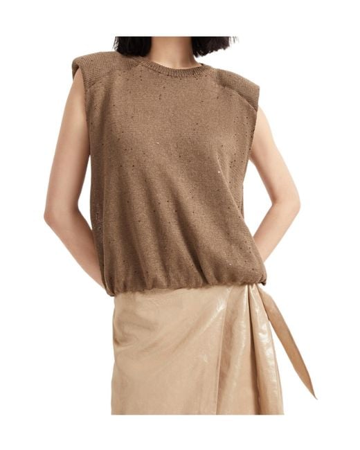 Brunello Cucinelli Brown Sequin-Embellished Knitted Top