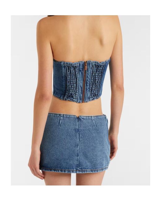 Magda Butrym Blue Floral-Appliqué Denim Bustier Top
