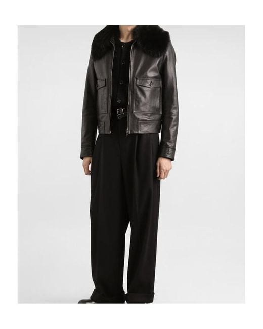 Dolce & Gabbana Black Fur-Collar Leather Jacket for men