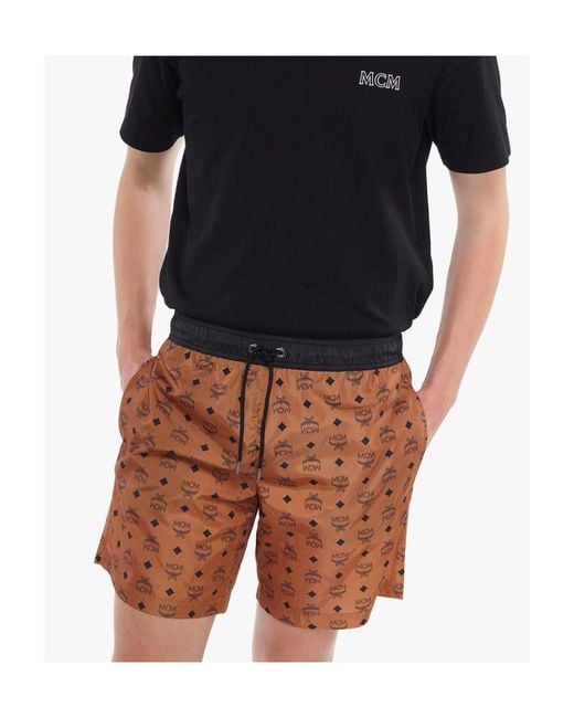 MCM Brown Logo Print Beach Shorts for men