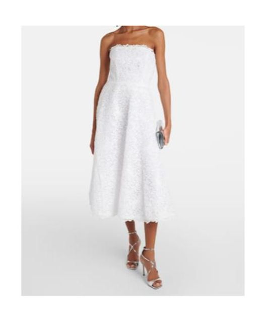 Carolina Herrera White Strapless Floral Lace Midi Dress