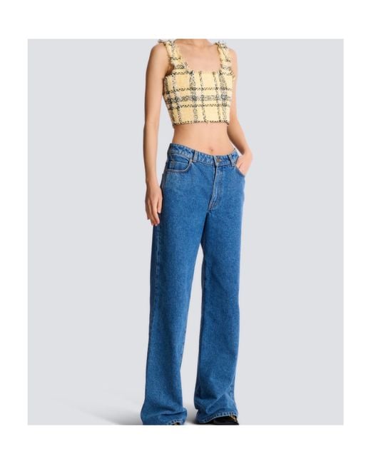 Balmain Metallic Glitter Plaid Tweed Cropped Top