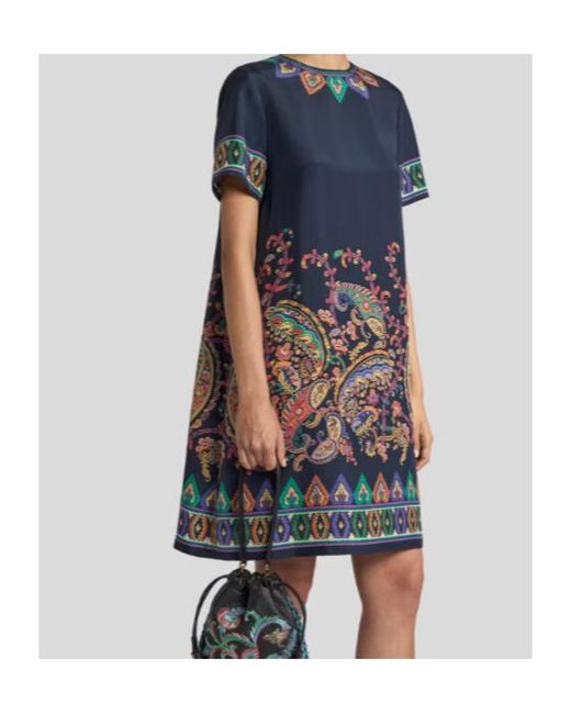 Etro Blue Placed Floral Paisley Printed Mini Tunic Dress