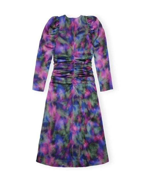 Ganni Purple Silk Satin O-Neck Midi Dress