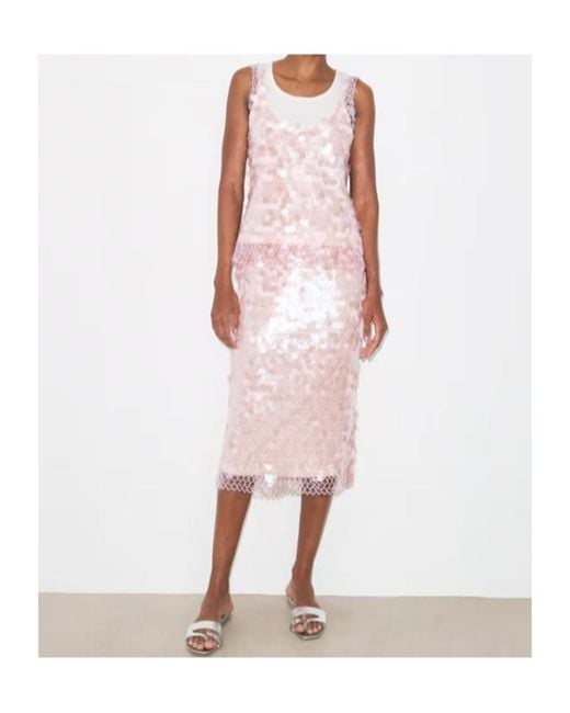 Tory Burch Pink Sequin Embellished Mesh Midi Skirt