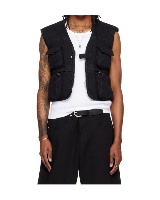 Lu'u Dan Black Thickened Workwear Pocket Vest for men