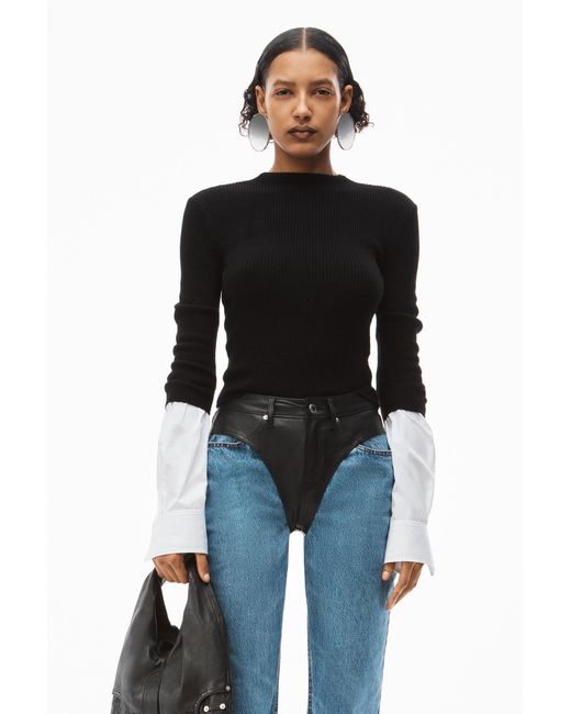 Alexander Wang Black Fine-Ribbed Contrasting-Cuffs Jumper