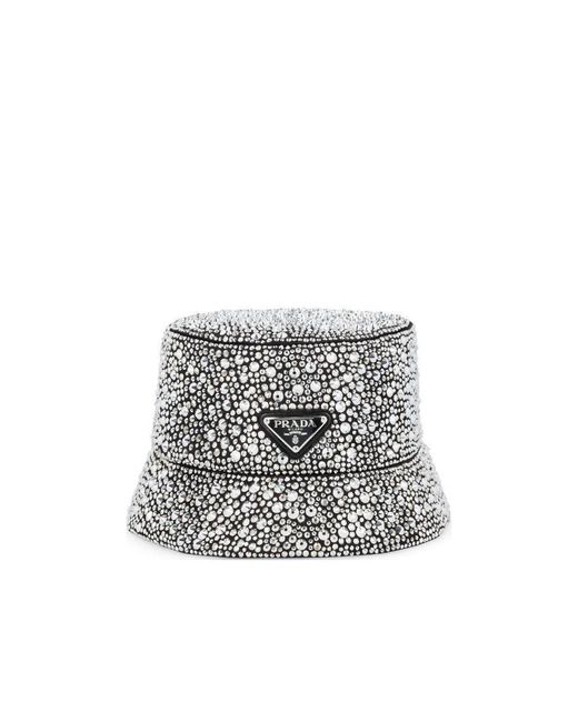Prada White Crystal-Embellished Bucket Hat