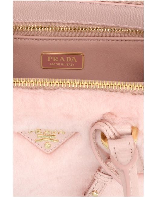 Prada Pink Logo Plaque Teddy Bowling Top Handle Bag