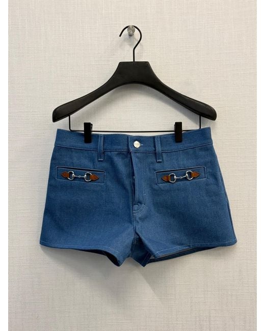 Gucci Blue Horsebit Detail Tonal Stitched Denim Shorts