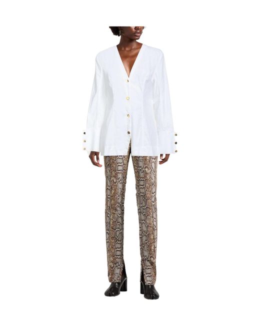 Ganni White Solid Long Sleeve V-Neck Shirt