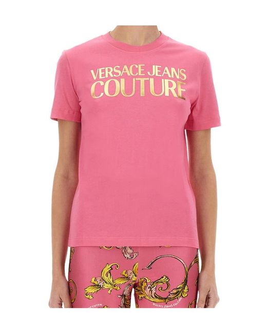 Versace Jeans Pink Couture Logo Printed Crewneck T-Shirt