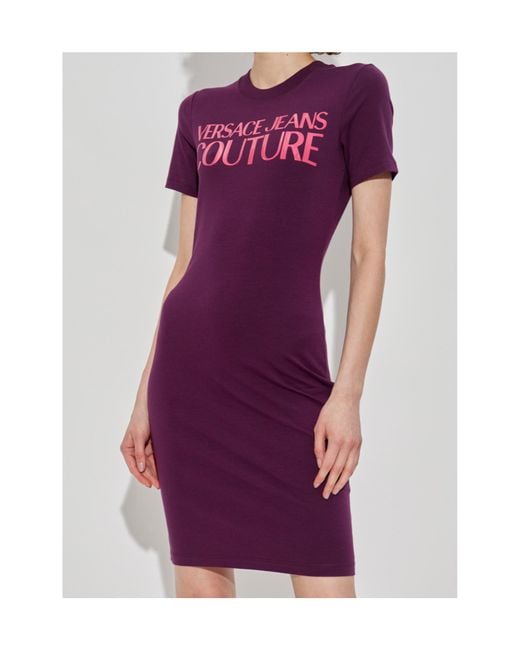 Versace Jeans Purple Couture Logo-Printed Crewneck Dress