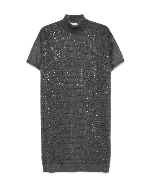 Brunello Cucinelli Gray Sequin-Embellished High-Neck Dress