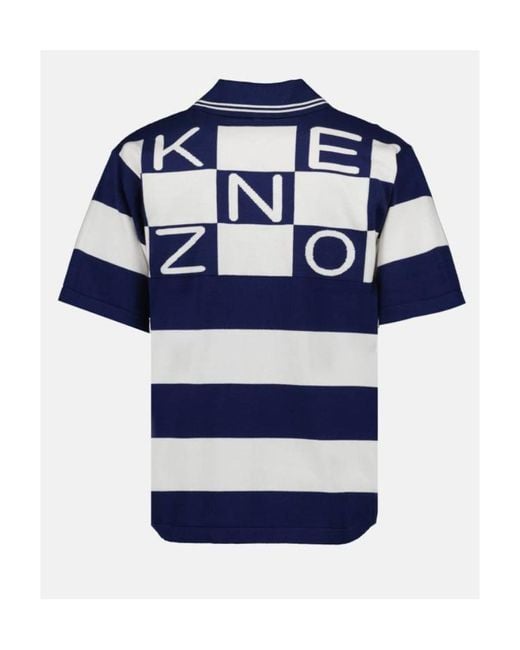 KENZO Blue Logo-Patch Short-Sleeved Striped Polo Shirt for men