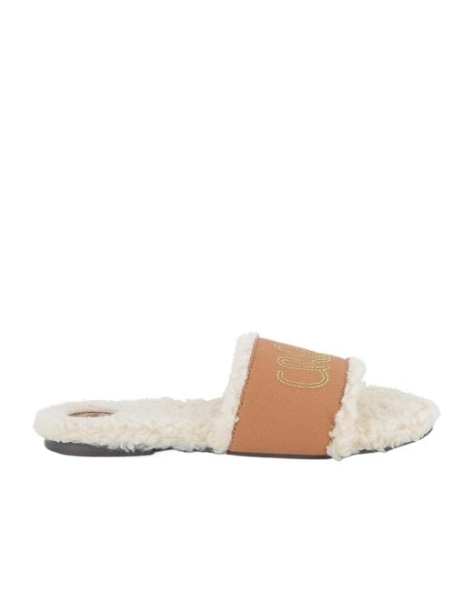 Chloé White Shearling-Effect Logo-Embroidered Sandals