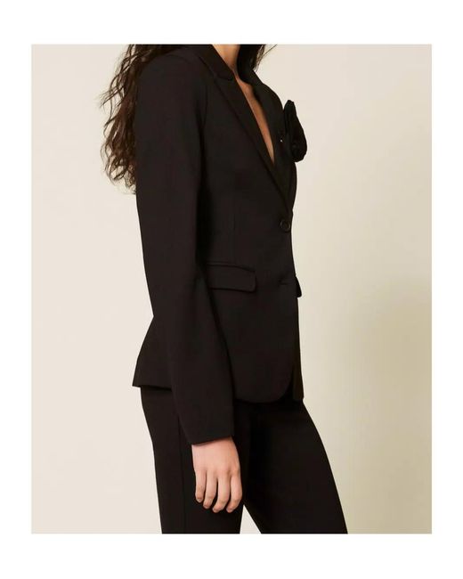 Twinset Black Floral-Brooch Blazer