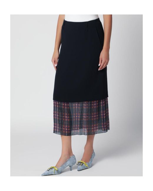 Dries Van Noten Blue Midi Skirt With Check Insert