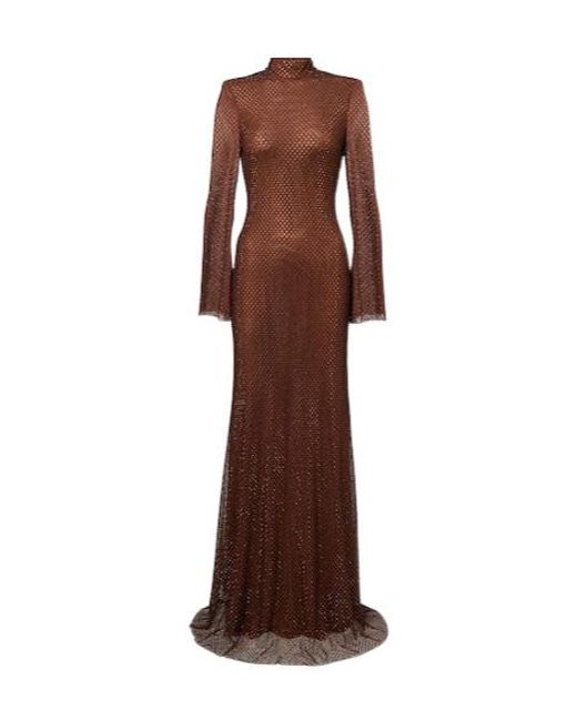 Self-Portrait Brown Crystal-Embellished Mesh Gown